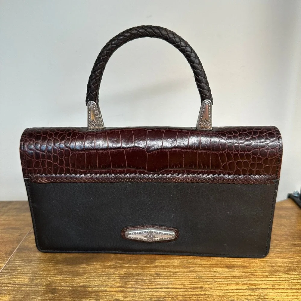 Brighton Gina Black Leather Croc Embossed Flap Handbag Braided Handle Silver